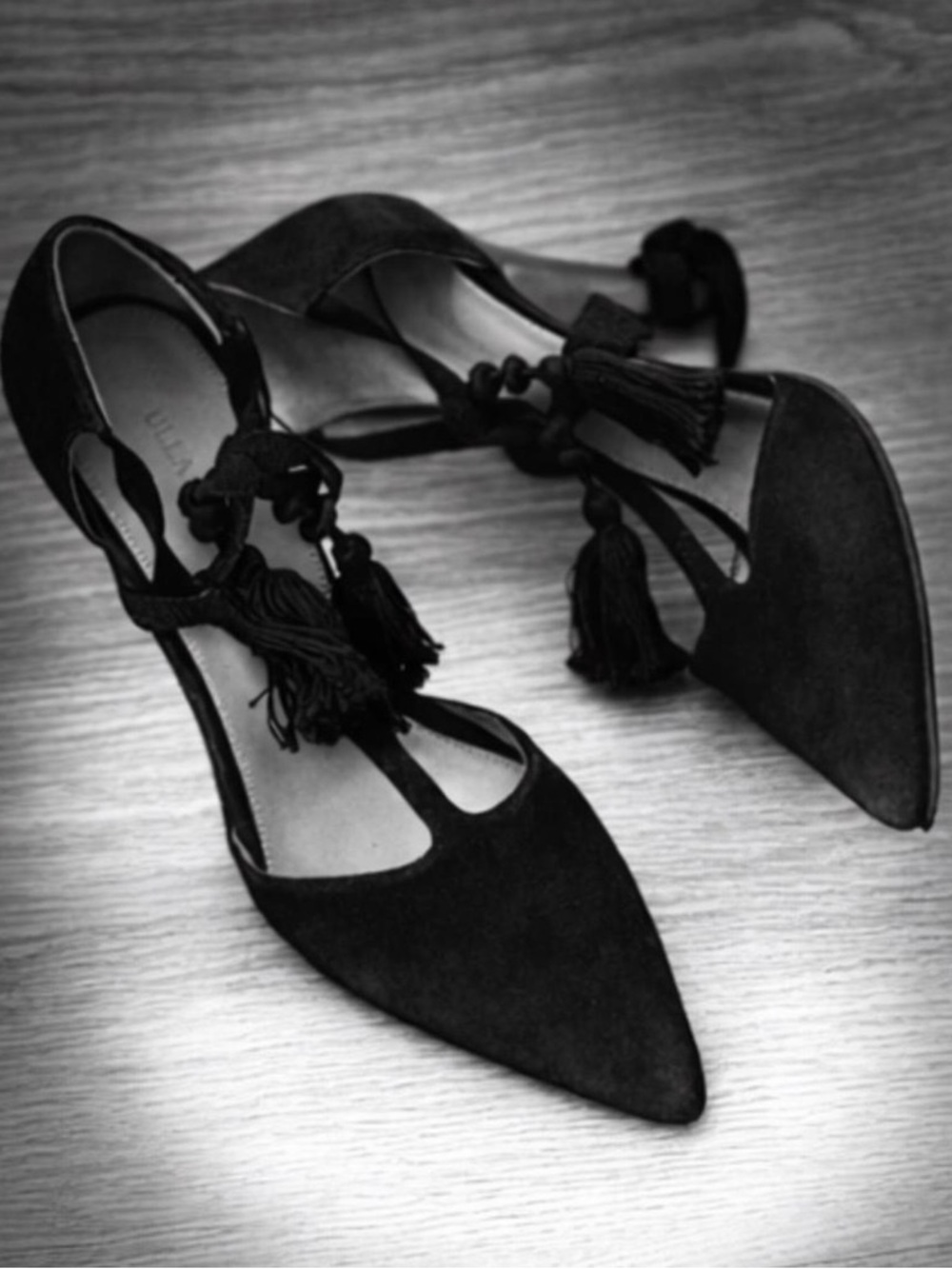 Ulla Johnson Tassel T-Strap Pumps Black Suede Heels Size 10 IT 40 Designer
